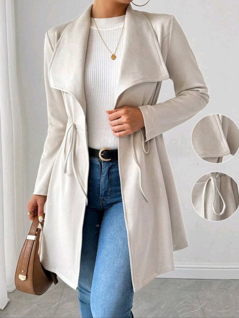 Light Apricot Drape Front Tie-Waist Coat